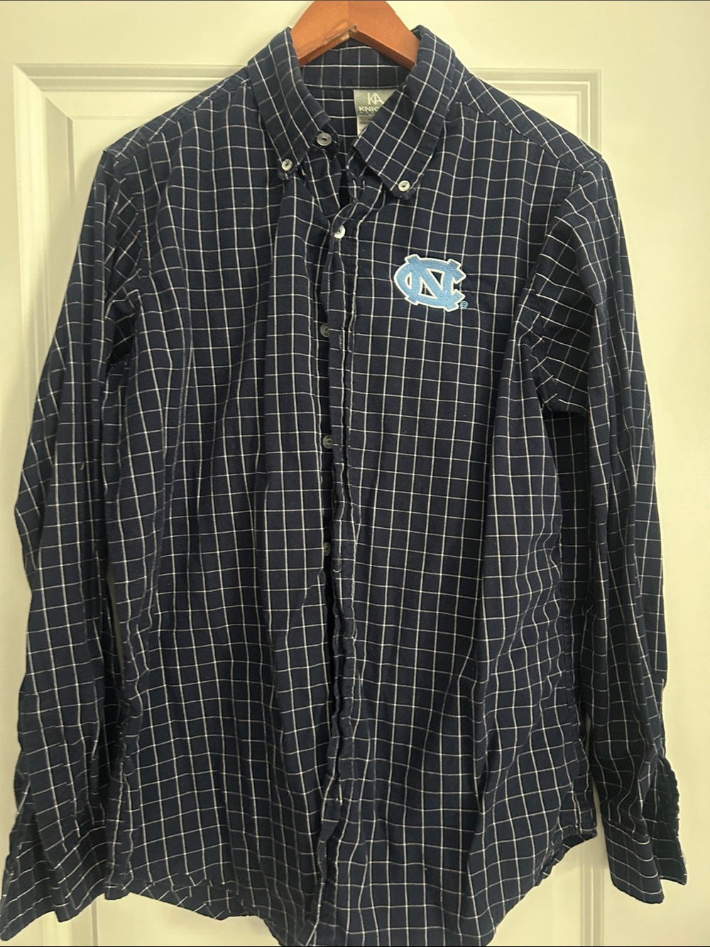 Men's Navy Windowpane Button-Down Shirt with Carolina logo